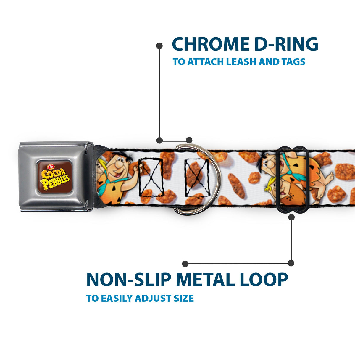 POST COCOA PEBBLES Logo Full Color Brown/Yellows Seatbelt Buckle Collar - Cocoa Pebbles Fred Flintstone and Barney Rubble Hugging Pose and Cereal Pebbles Scattered White/Browns