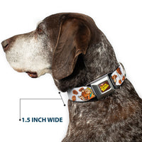 POST COCOA PEBBLES Logo Full Color Brown/Yellows Seatbelt Buckle Collar - Cocoa Pebbles Fred Flintstone and Barney Rubble Hugging Pose and Cereal Pebbles Scattered White/Browns