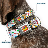 POST FRUITY PEBBLES Logo Full Color Red/Multi Color Seatbelt Buckle Collar - Fruity Pebbles Fred Flintstone and Barney Rubble Hugging Pose and Cereal Pebbles Scattered White/Multi Color