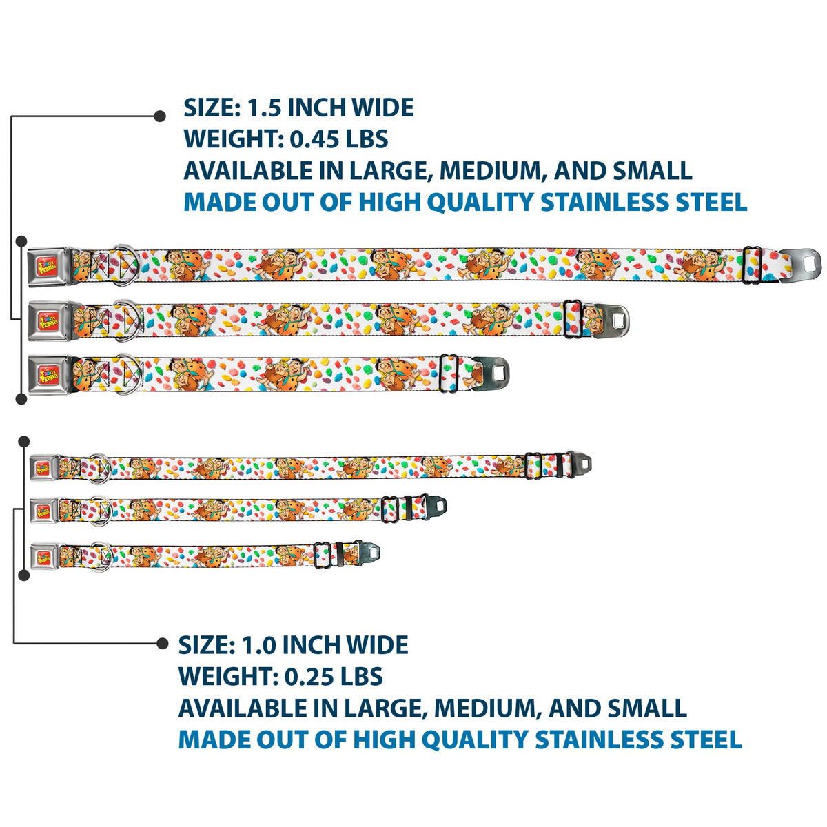 POST FRUITY PEBBLES Logo Full Color Red/Multi Color Seatbelt Buckle Collar - Fruity Pebbles Fred Flintstone and Barney Rubble Hugging Pose and Cereal Pebbles Scattered White/Multi Color