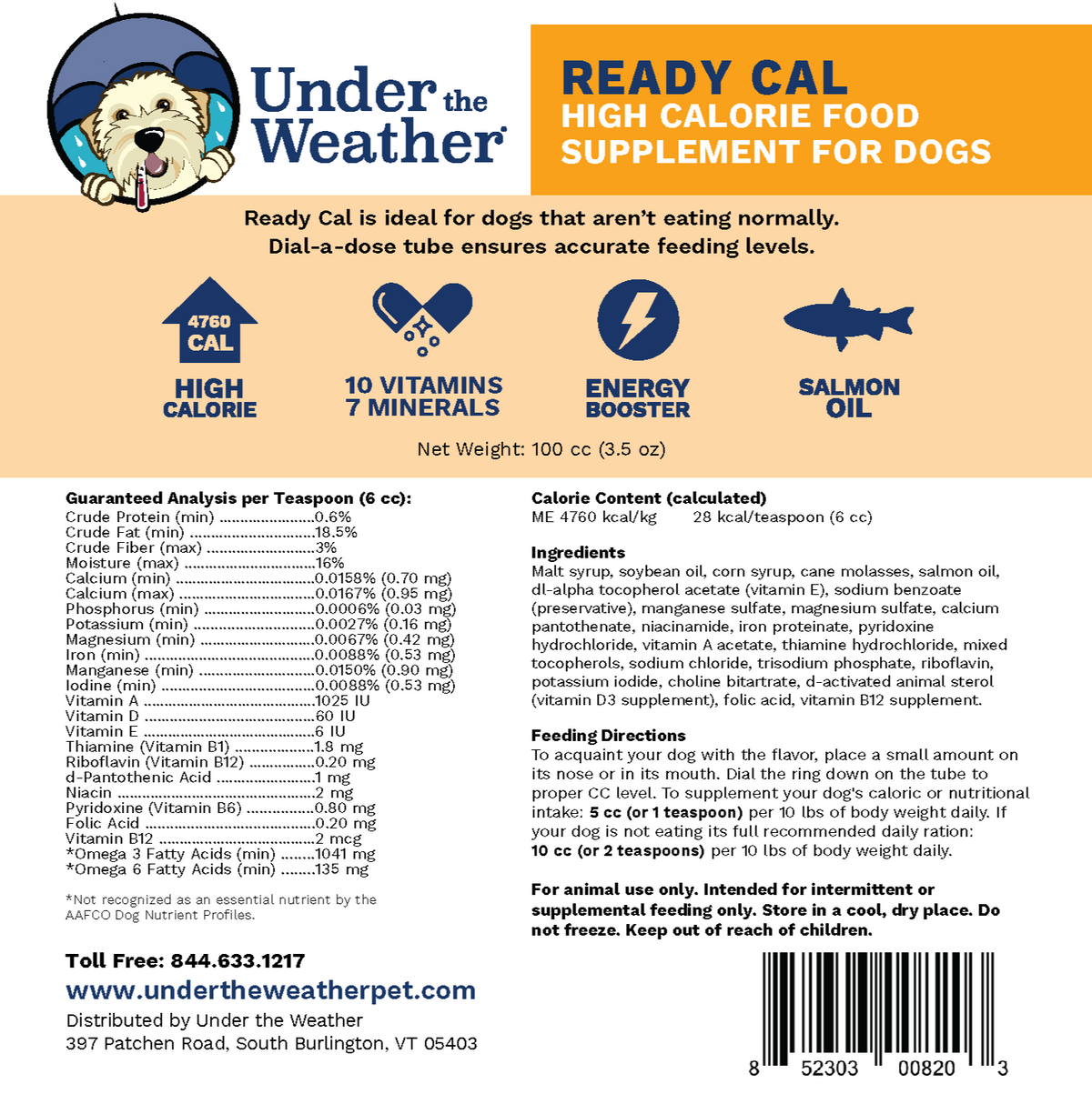 Under the Weather for Dogs - Ready Cal Nutritional Supplement - 100 cc Dispenser