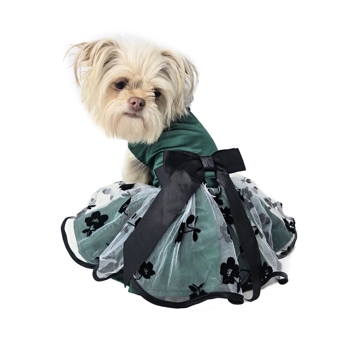 Green and Black Satin Holiday Harness Dress with Leash