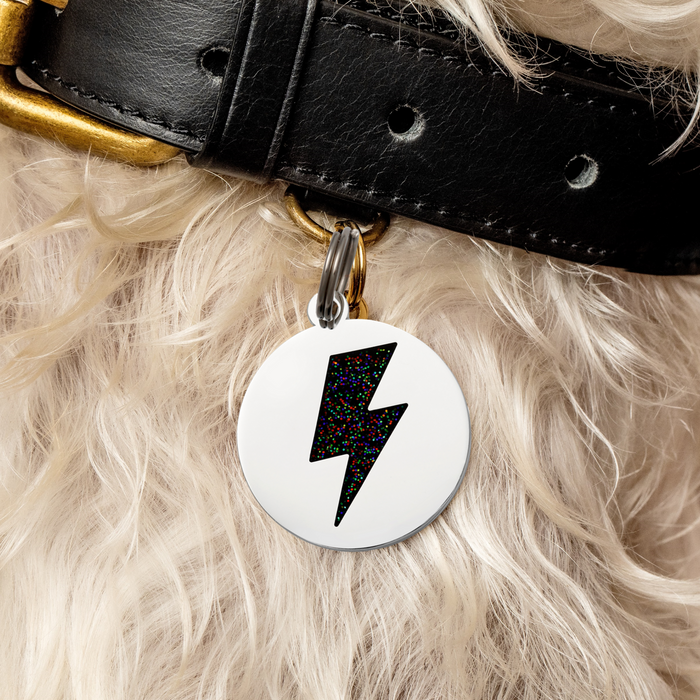 Lightning Black Glitter Pet ID Tag - Silver - 3 Red Rovers