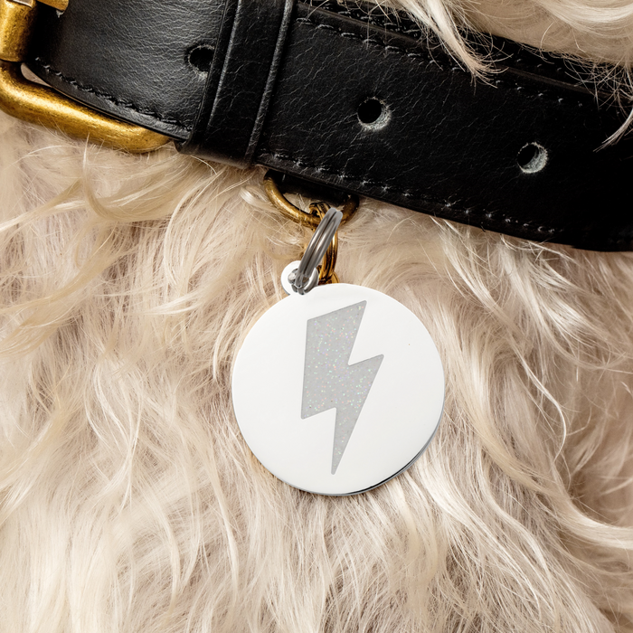 Lightning White Glitter Pet ID Tag - Silver - 3 Red Rovers