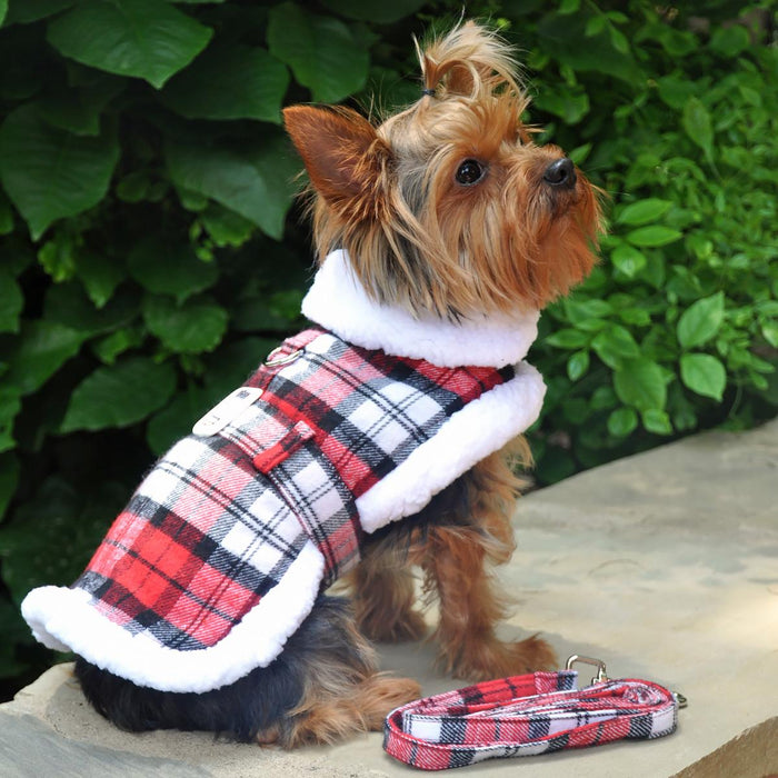 Red Plaid Sherpa Harness Coat and Leash - 3 Red Rovers
