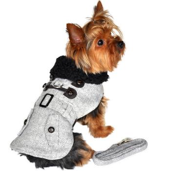 Grey Herringbone Harness Coat and Leash - 3 Red Rovers