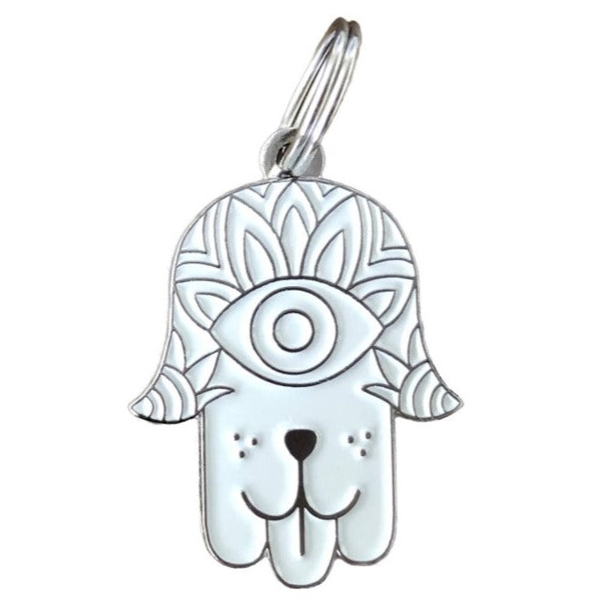 Hamsa White Pet ID Tag - Silver - 3 Red Rovers