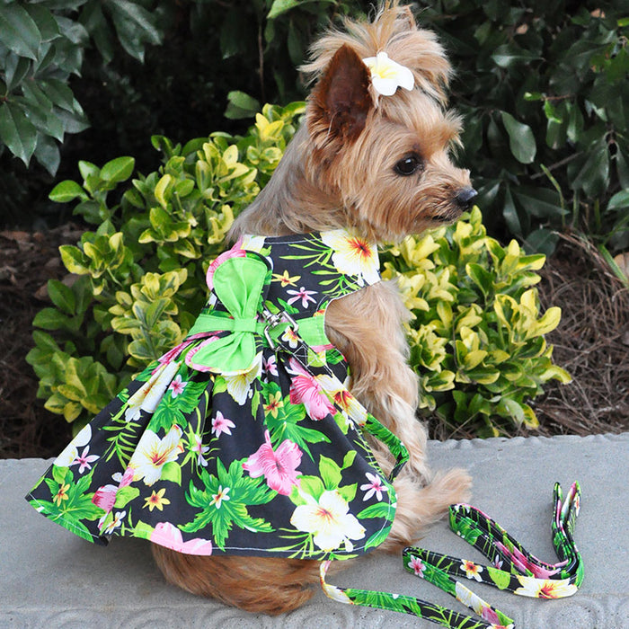 Twilight Black Hawaiian Hibiscus Dress with Matching Leash - 3 Red Rovers
