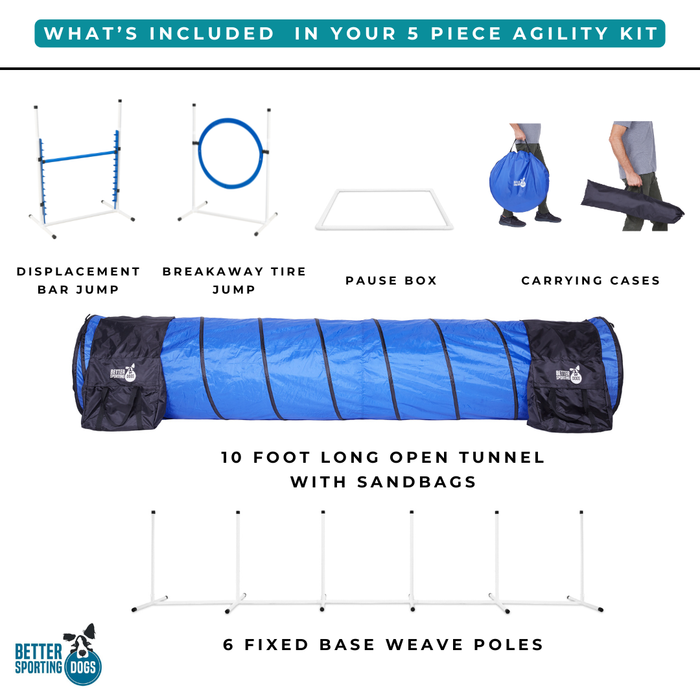 Better Sporting Dogs Upgraded Dog Agility Set – 5 Piece Training Kit with Safety Breakaway Tire Jump, Displacement Bar Jump, Tunnel, Weave Poles & Pause Box