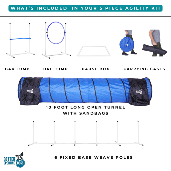 Better Sporting Dogs 5 Piece Dog Agility Equipment Set –  with Jumps, Tunnel, Pause Box & Weave Poles