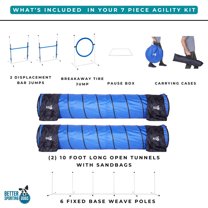 Better Sporting Dogs Upgraded Dog Agility Set – 7 Piece Training Kit with Safety Breakaway Tire Jump, Displacement Bar Jumps, Tunnels, Weave Poles & Pause Box