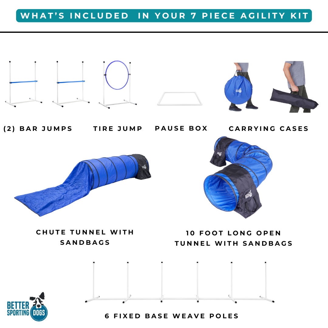 Better Sporting Dogs 7 Piece Dog Agility Equipment Set –  with Jumps, Tunnels, Pause Box & Weave Poles