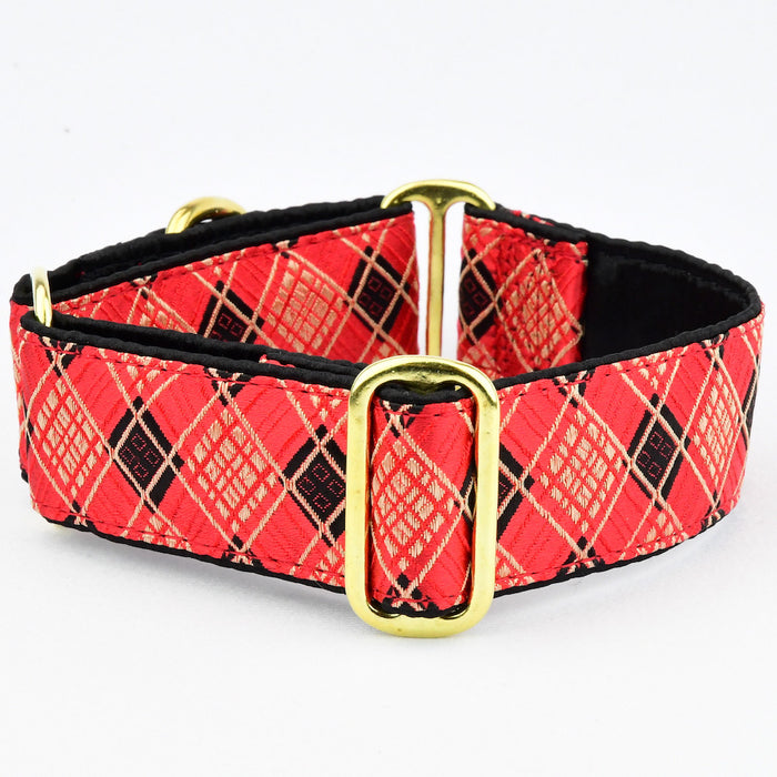 Argyle Red - Silk Brocade 1.5" Wide Martingale Dog Collar