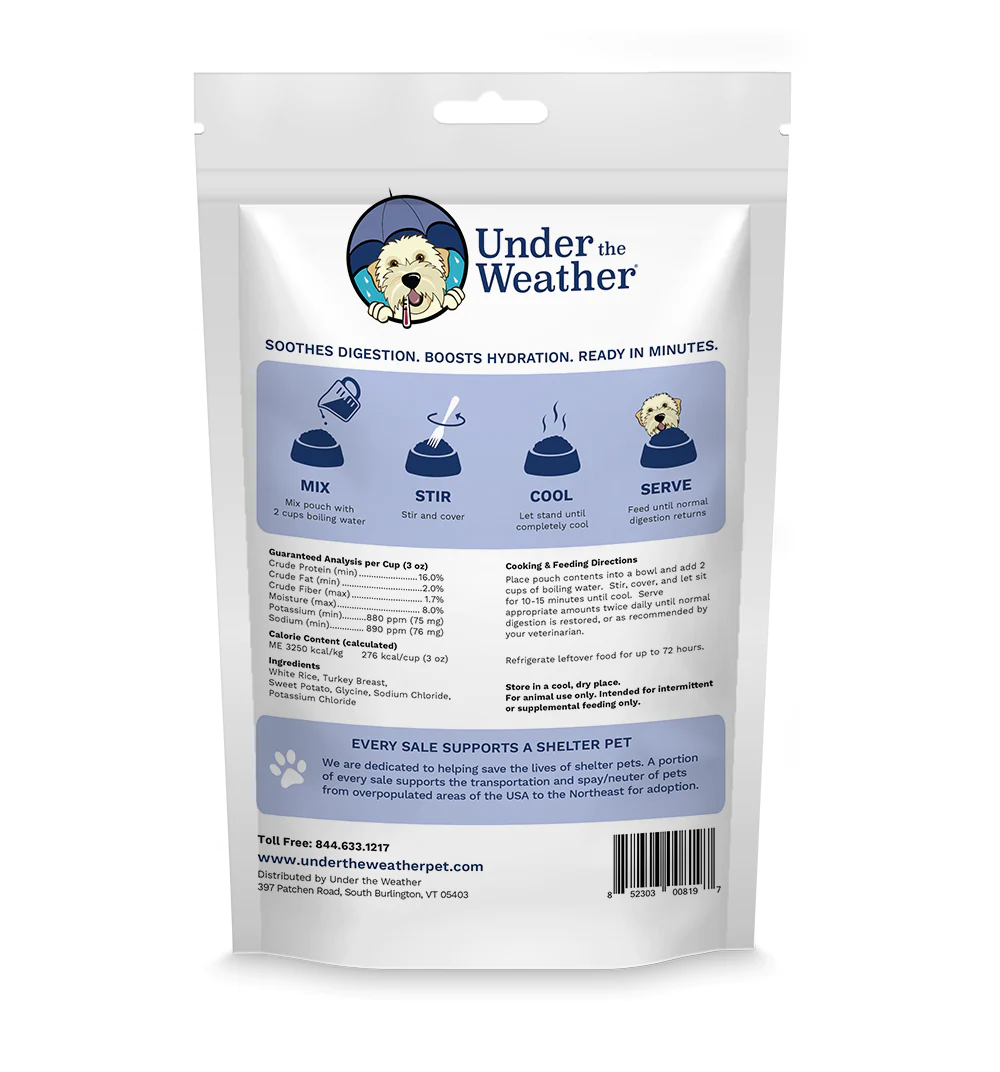 Under the Weather for Dogs - Rice, Turkey & Sweet Potato meal mix 6 oz