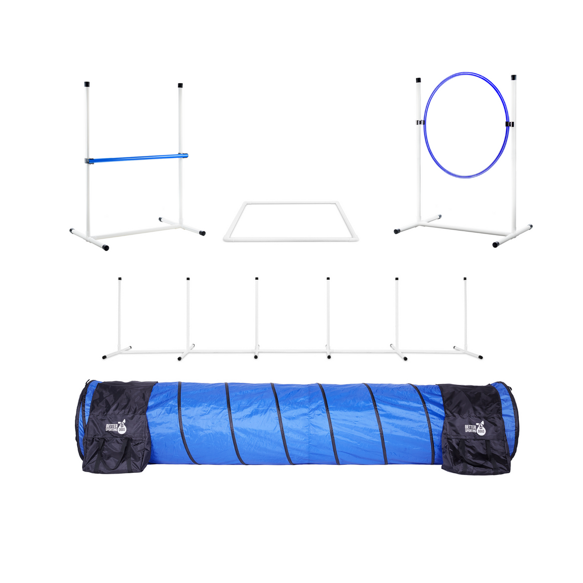 Better Sporting Dogs 5 Piece Dog Agility Equipment Set –  with Jumps, Tunnel, Pause Box & Weave Poles