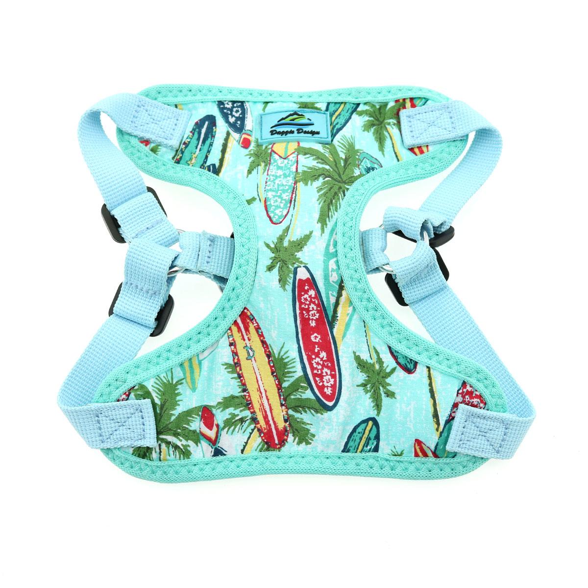 Surfboard and Palm Print Fabric Mesh Wrap and Snap Choke Free Step In Harness