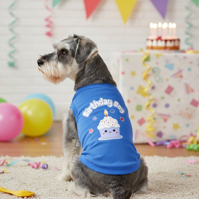 Birthday Boy All-Cotton Sleeveless Pet Shirt - Blue