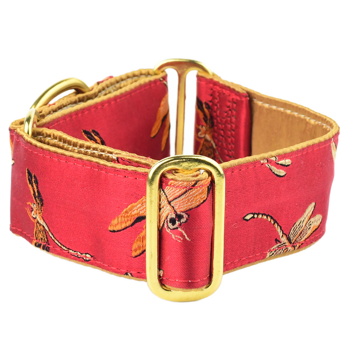 Dragonflies Red – Silk Brocade Martingale Dog Collar