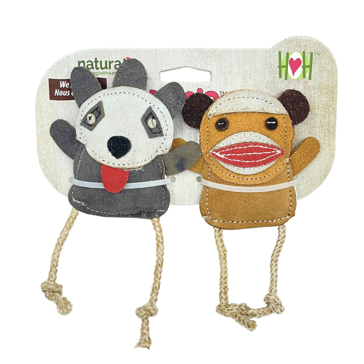 Natural Leather Wee Buddies Sock Monkey & Raccoon Dog Toys, 2 Pack