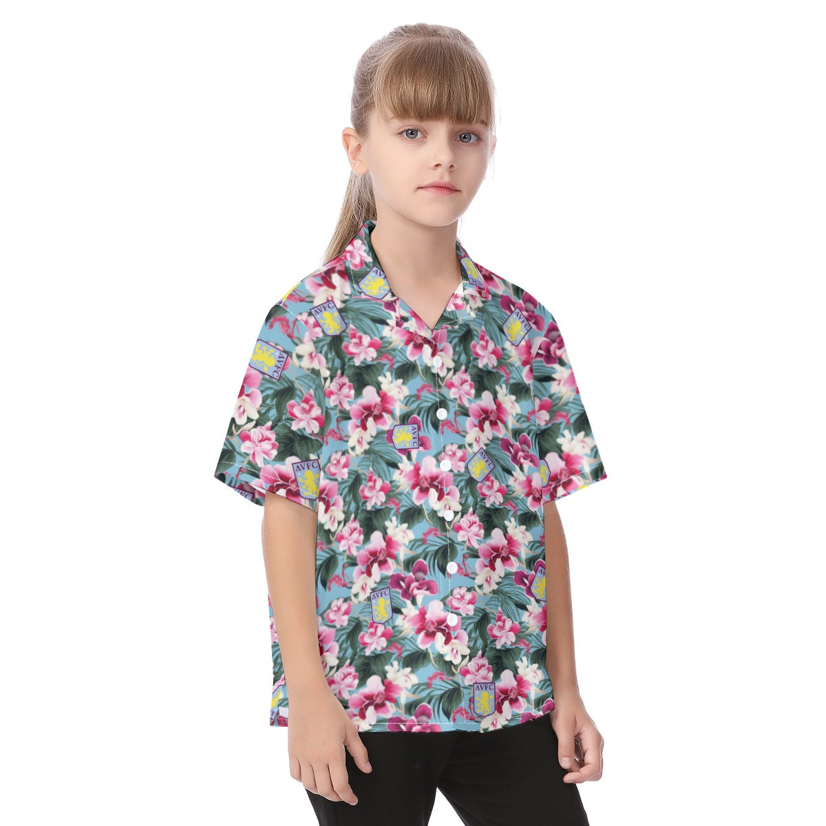 Aston Villa FC 25/26 Team-Inspired Kids Cotton-Blend Hawaiian Shirt