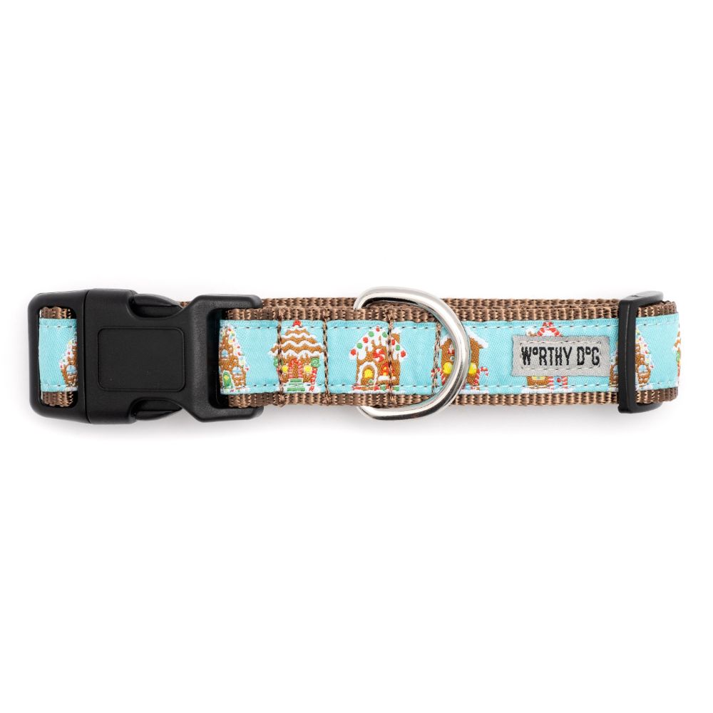 Blue Gingerbread Houses Dog Collars