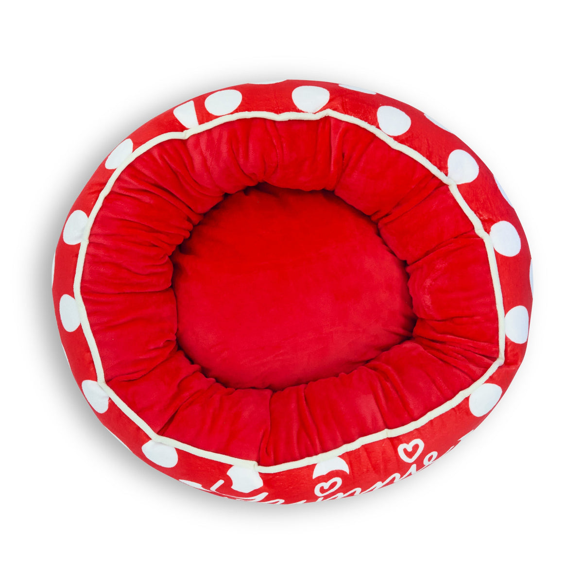 Donut Pet Bed - MINNIE MOUSE Script and Polka Dot Red/White