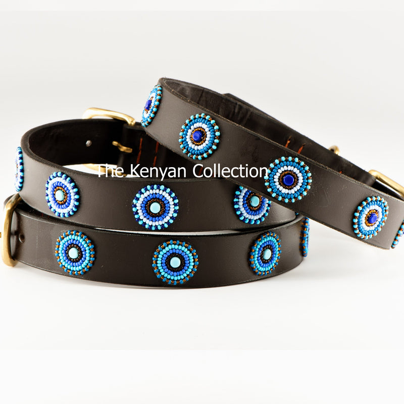 Blue/Brown Circles Beaded Dog Collar
