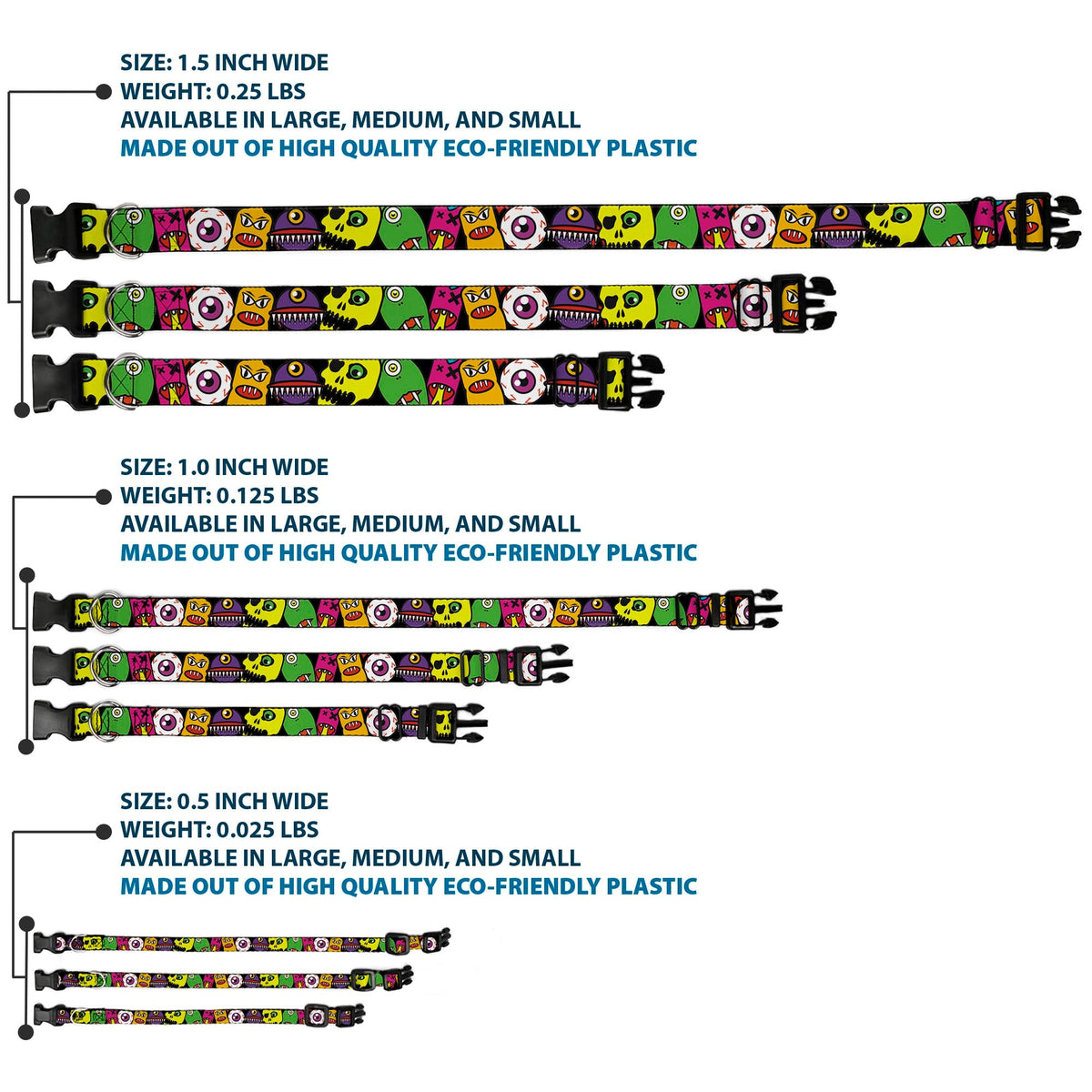 Plastic Clip Collar - Monsters CLOSE-UP Black