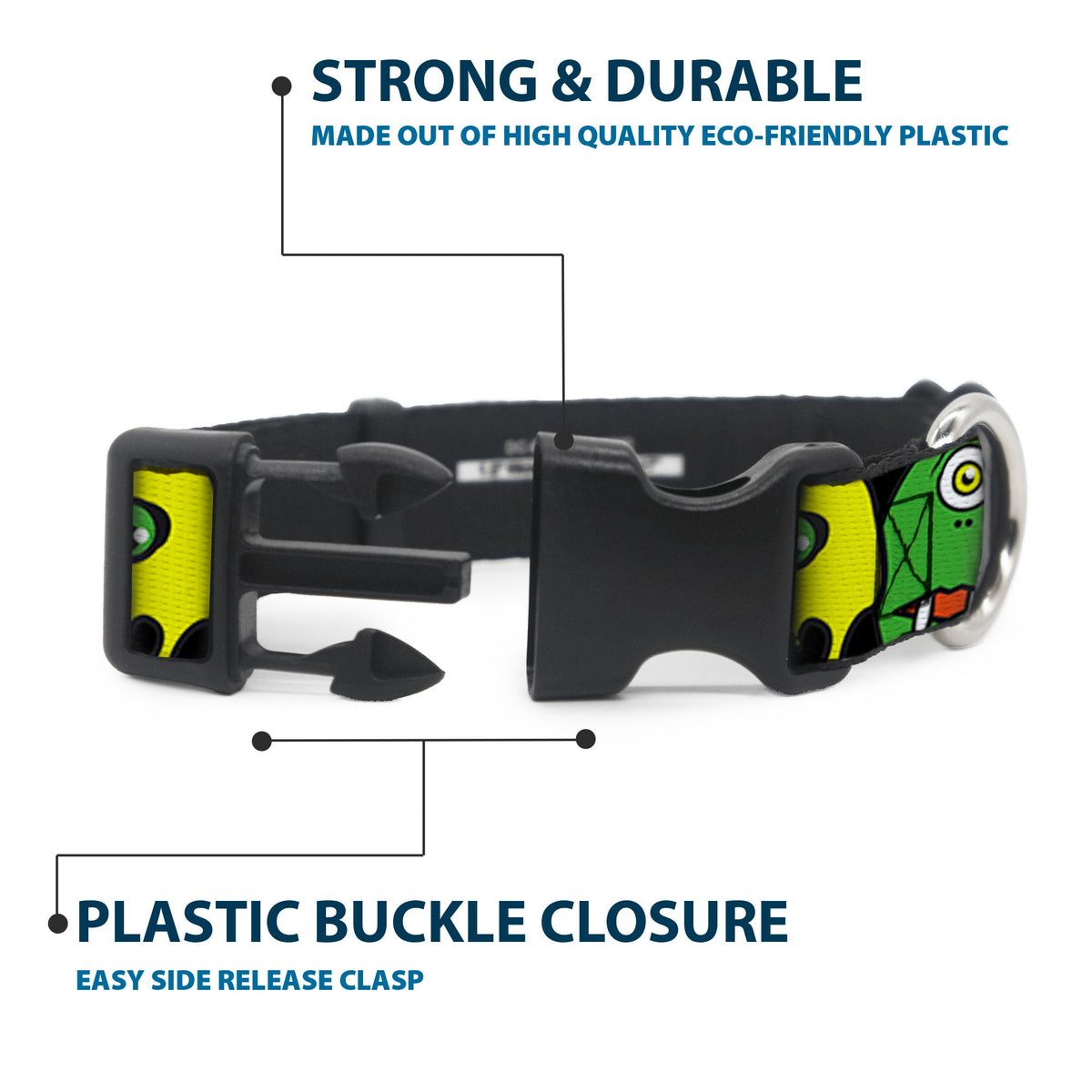 Plastic Clip Collar - Monsters CLOSE-UP Black