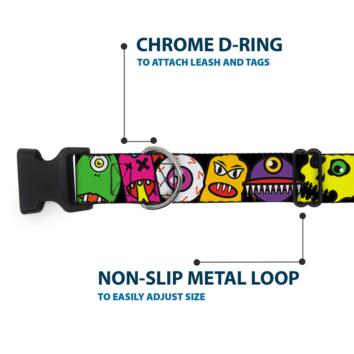 Plastic Clip Collar - Monsters CLOSE-UP Black