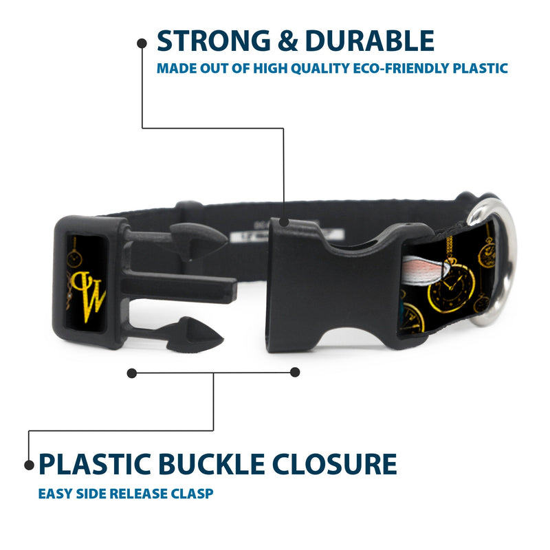 Plastic Clip Collar - White Rabbit Poses LOOKING FOR WONDERLAND/Clocks Black/Golds