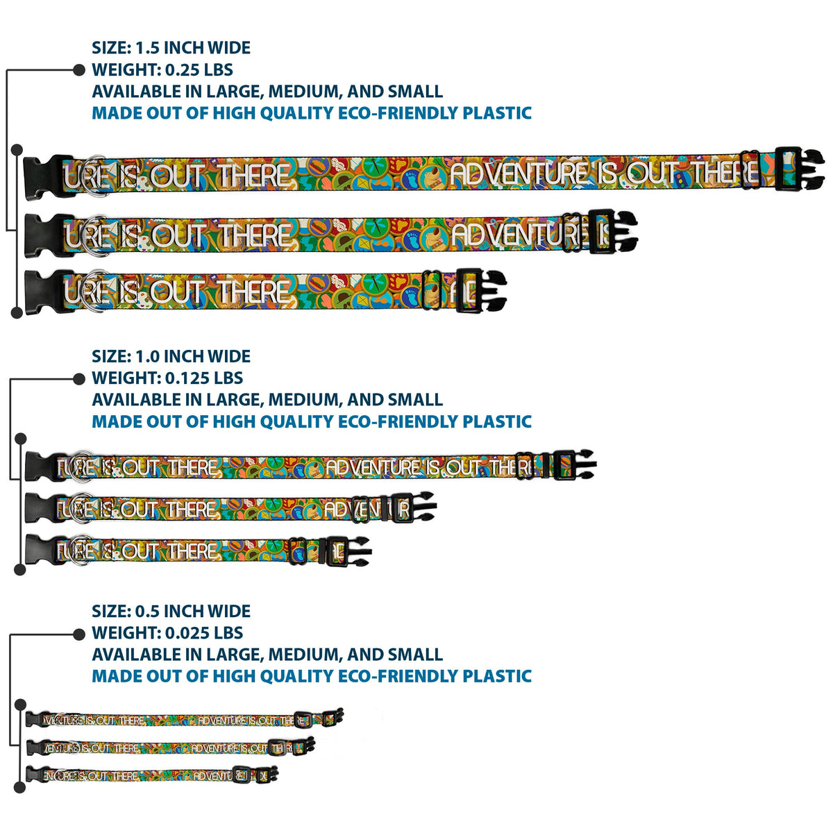 Plastic Clip Collar - ADVENTURE IS OUT THERE/Stacked Wilderness Explorer Badges Tan/Multi Color/White