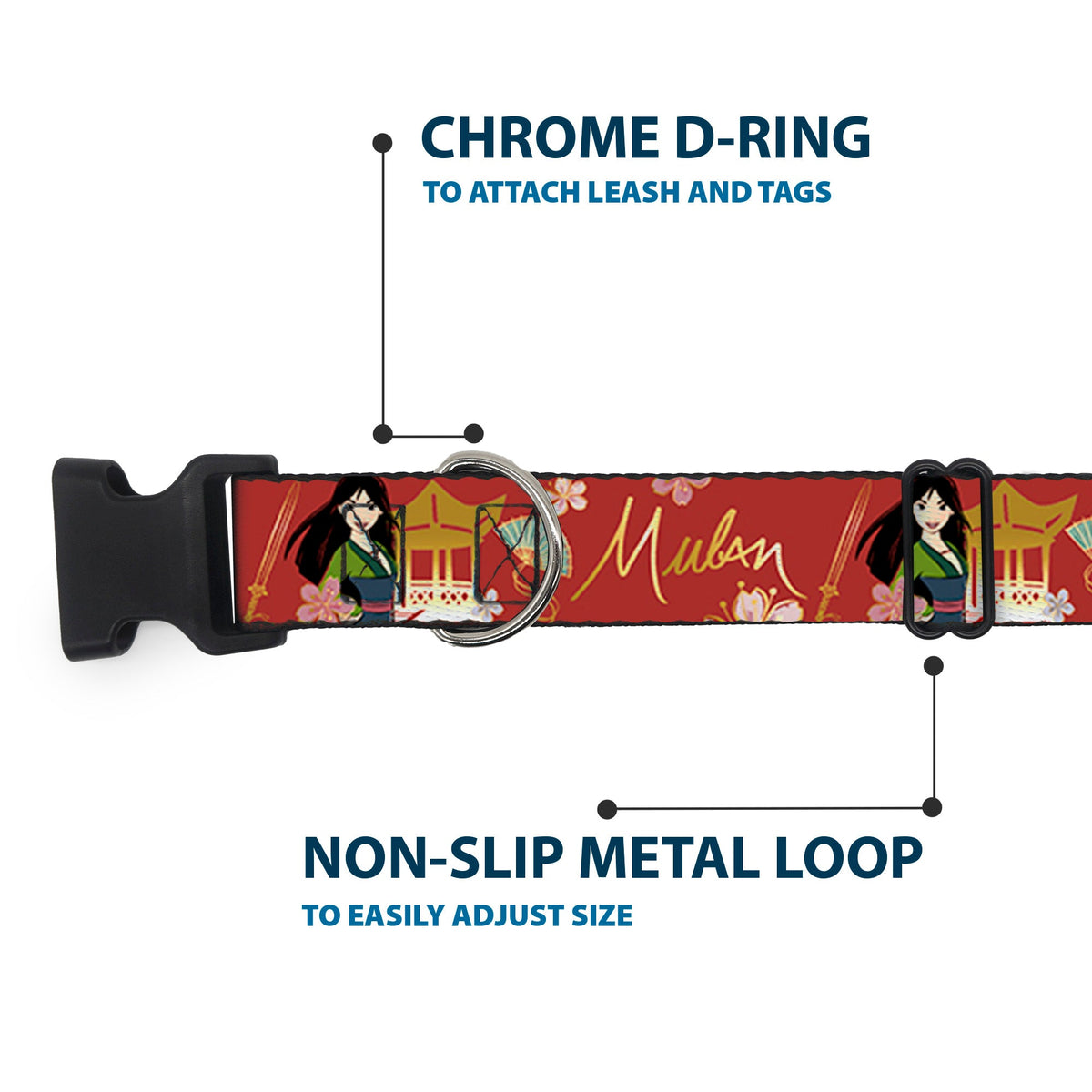 Plastic Clip Collar - Mulan Gazebo Pose with Flowers and Script Red/Golds
