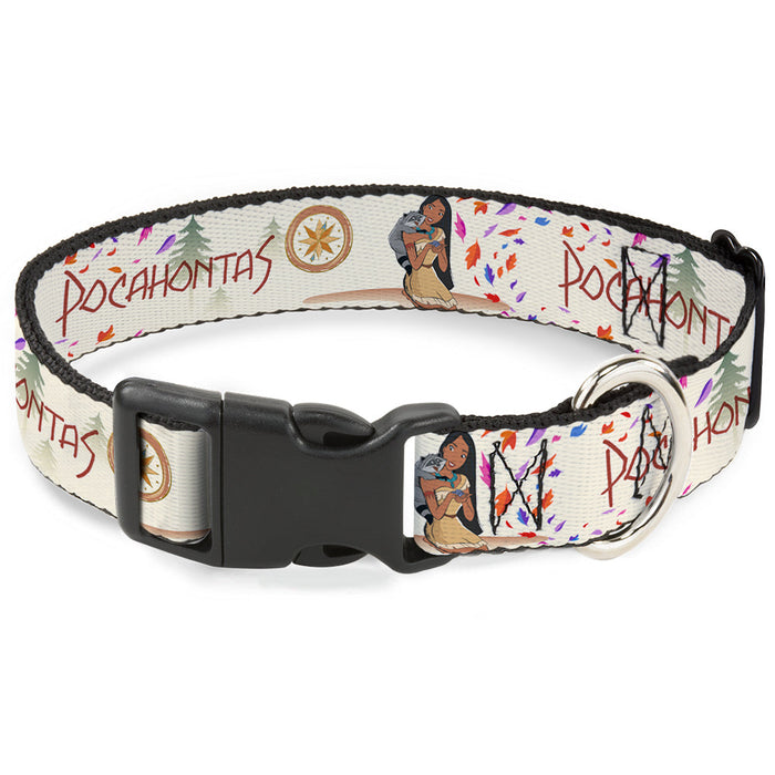 Plastic Clip Collar - Pocahontas and Meeko Compass Pose with Script and Leaves Beige