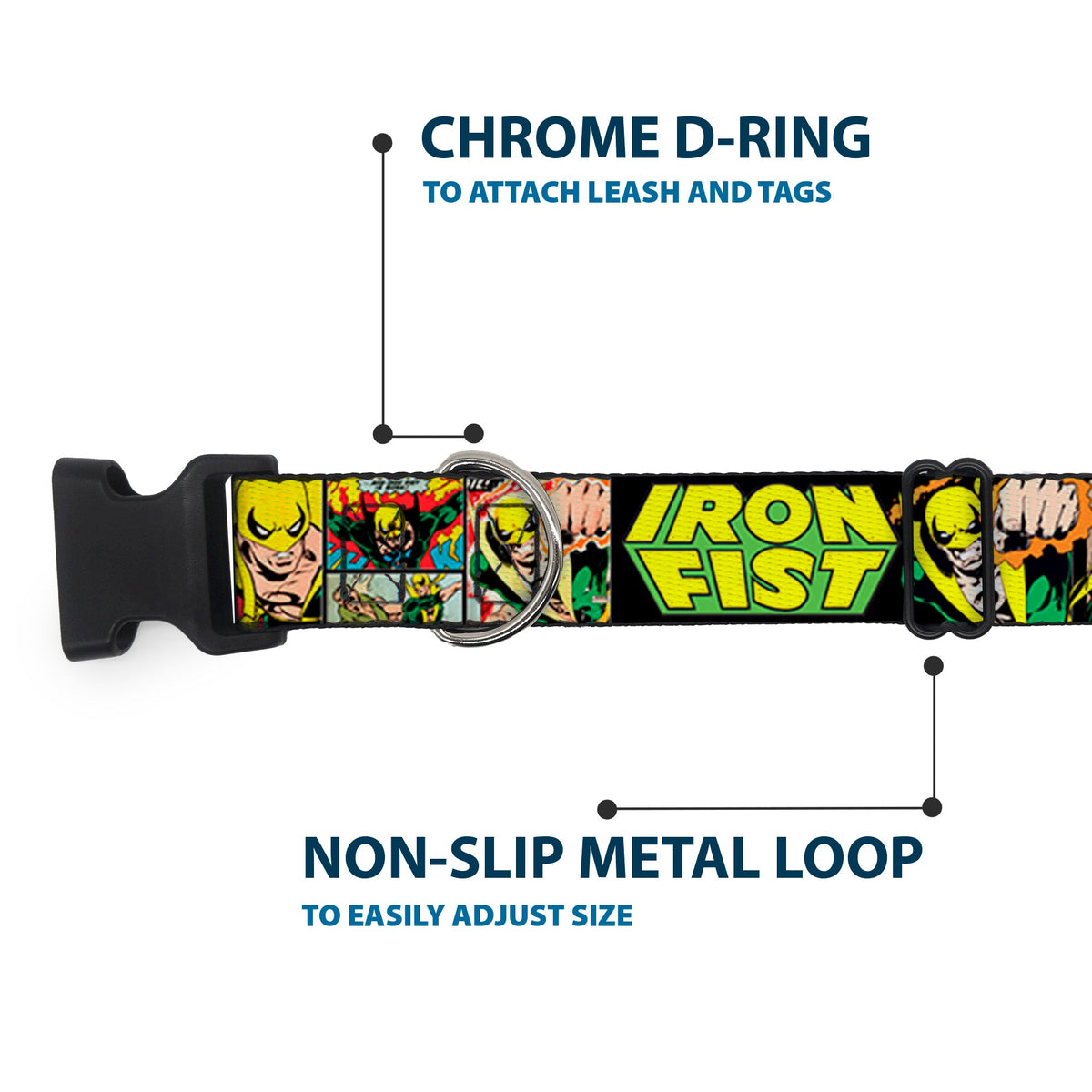 Plastic Clip Collar - Retro IRON FIST Action Pose/Comic Scene Blocks Black/Green/Yellow