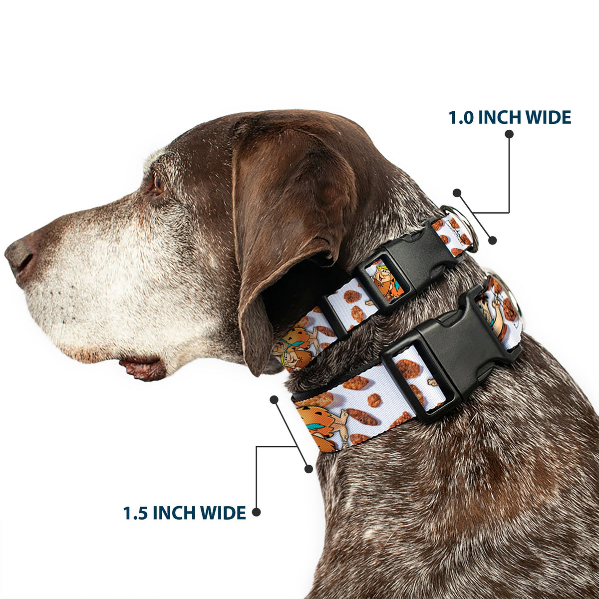 Plastic Clip Collar - Cocoa Pebbles Fred Flintstone and Barney Rubble Hugging Pose and Cereal Pebbles Scattered White/Browns