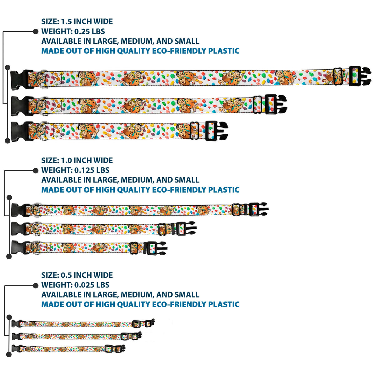 Plastic Clip Collar - Fruity Pebbles Fred Flintstone and Barney Rubble Hugging Pose and Cereal Pebbles Scattered White/Multi Color