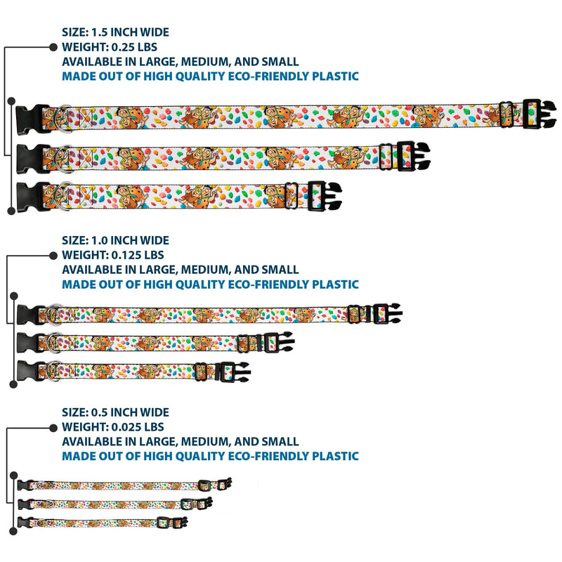Plastic Clip Collar - Fruity Pebbles Fred Flintstone and Barney Rubble Hugging Pose and Cereal Pebbles Scattered White/Multi Color