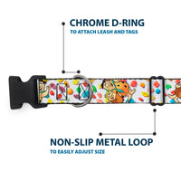 Plastic Clip Collar - Fruity Pebbles Fred Flintstone and Barney Rubble Hugging Pose and Cereal Pebbles Scattered White/Multi Color