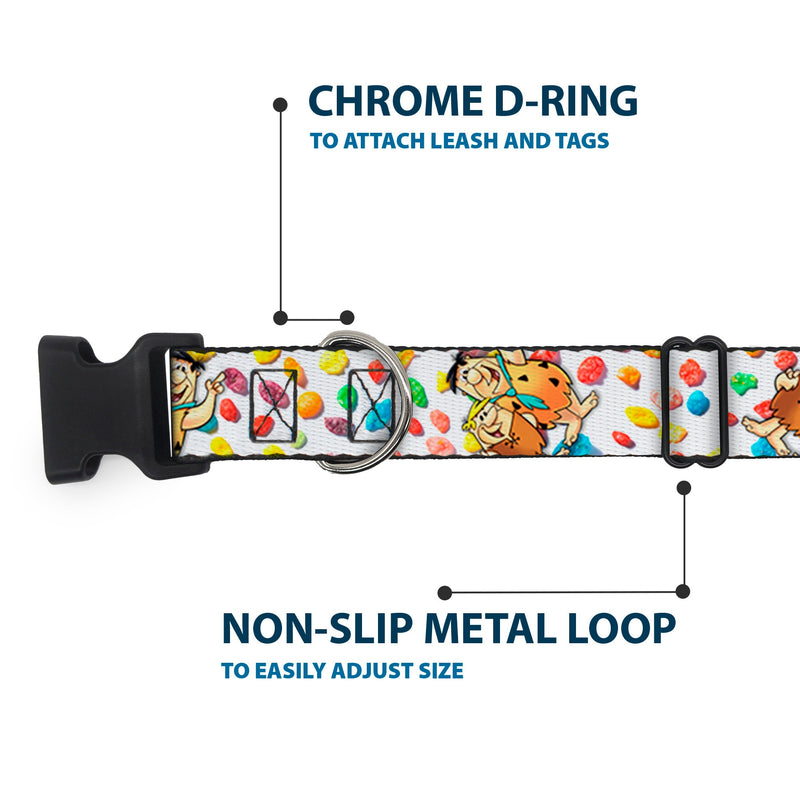 Plastic Clip Collar - Fruity Pebbles Fred Flintstone and Barney Rubble Hugging Pose and Cereal Pebbles Scattered White/Multi Color