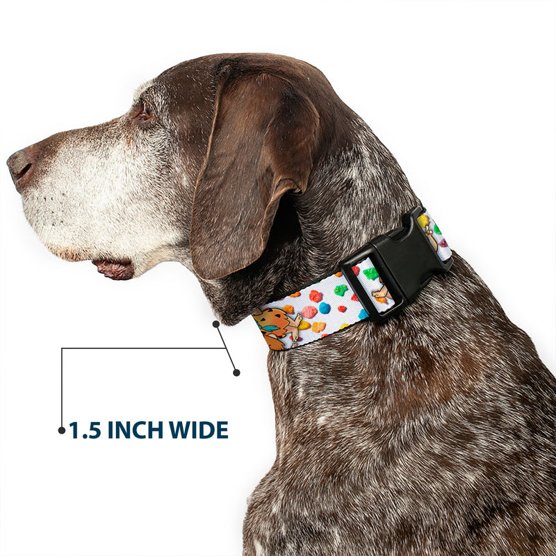 Plastic Clip Collar - Fruity Pebbles Fred Flintstone and Barney Rubble Hugging Pose and Cereal Pebbles Scattered White/Multi Color