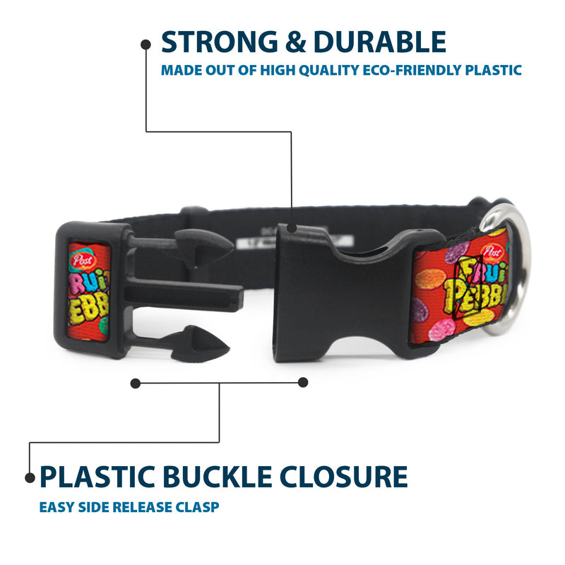 Plastic Clip Collar - POST FRUITY PEBBLES Logo and Cereal Pebbles Scattered Red/Multi Color
