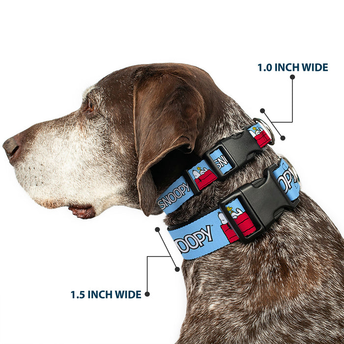 Plastic Clip Collar - Peanuts Snoopy and Woodstock Dog House Pose and Text Sky Blue