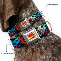 Marvel Comics Logo Full Color Seatbelt Buckle Collar - 4-Superhero Action Poses/Comic Scenes White/Black/Full Color Splatter