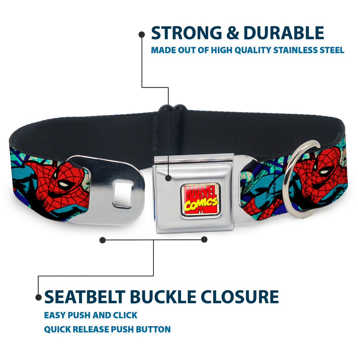 Marvel Comics Logo Full Color Seatbelt Buckle Collar - 4-Superhero Action Poses/Comic Scenes White/Black/Full Color Splatter