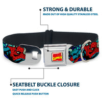 Marvel Comics Logo Full Color Seatbelt Buckle Collar - 4-Superhero Action Poses/Comic Scenes White/Black/Full Color Splatter