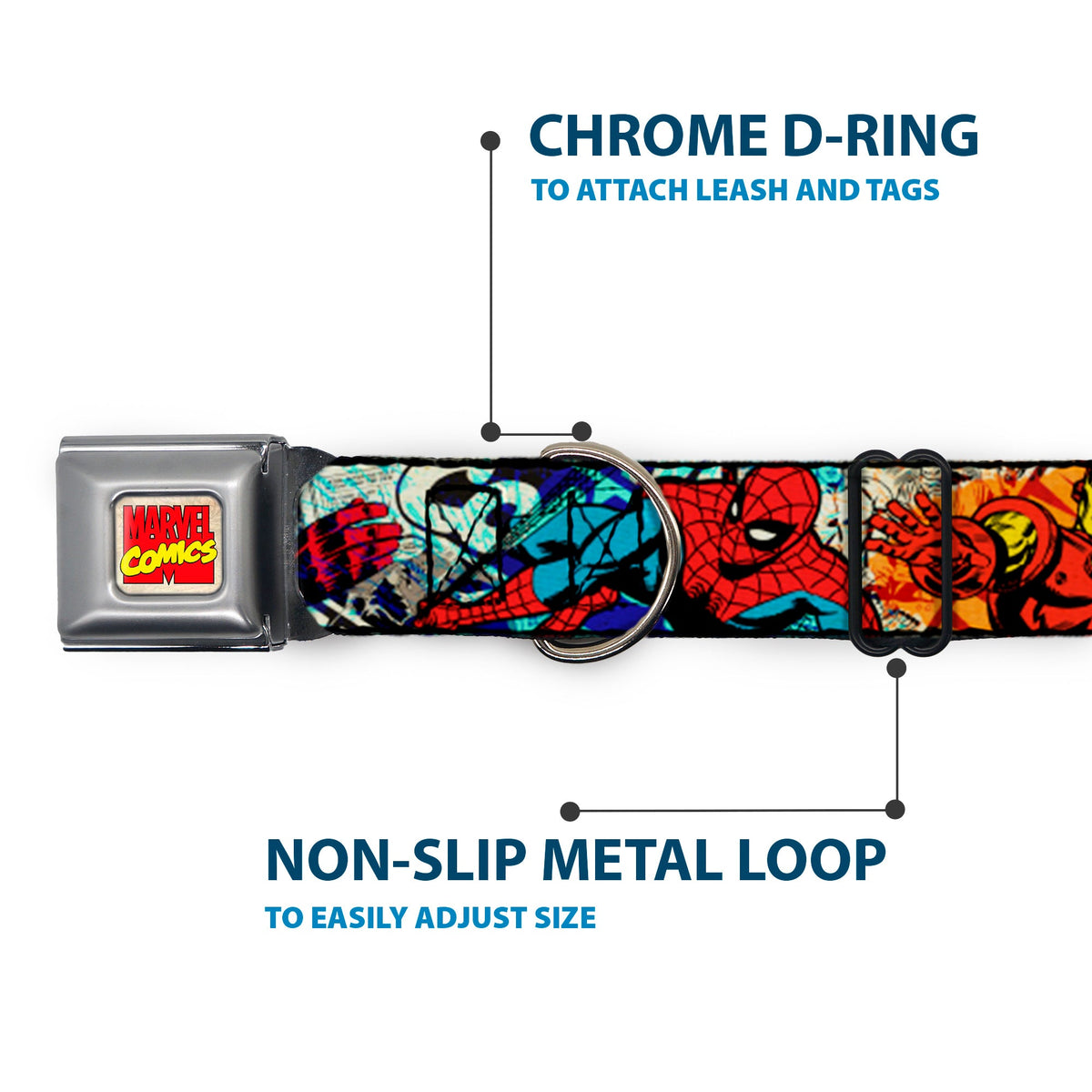 Marvel Comics Logo Full Color Seatbelt Buckle Collar - 4-Superhero Action Poses/Comic Scenes White/Black/Full Color Splatter