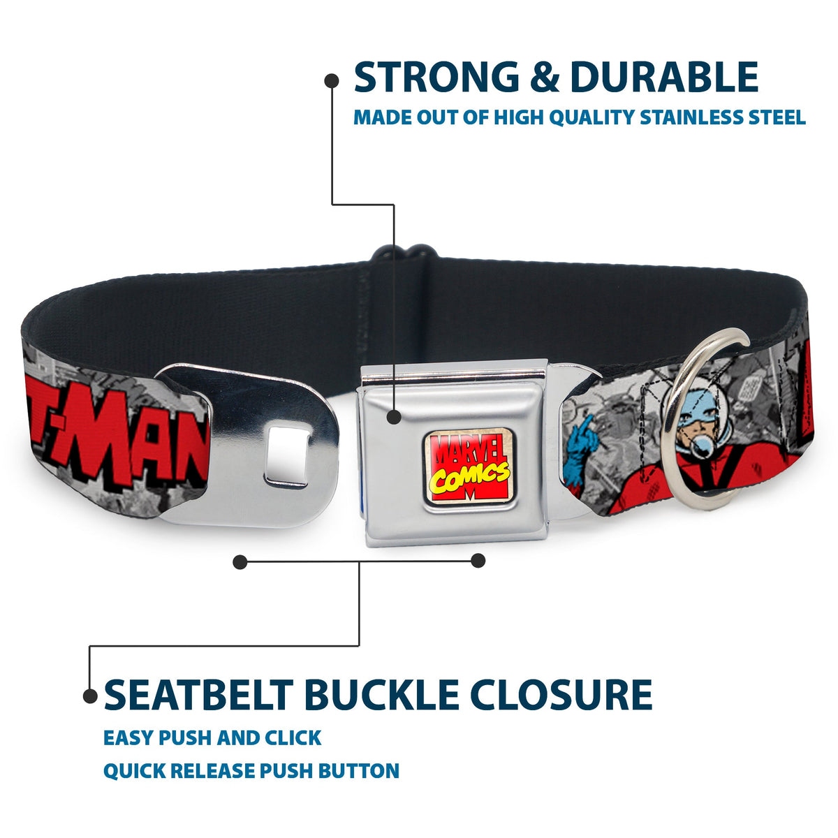 Marvel Comics Logo Full Color Seatbelt Buckle Collar - Classic ANT-MAN 3-Poses/Comic Stacked Grays/Black/Red