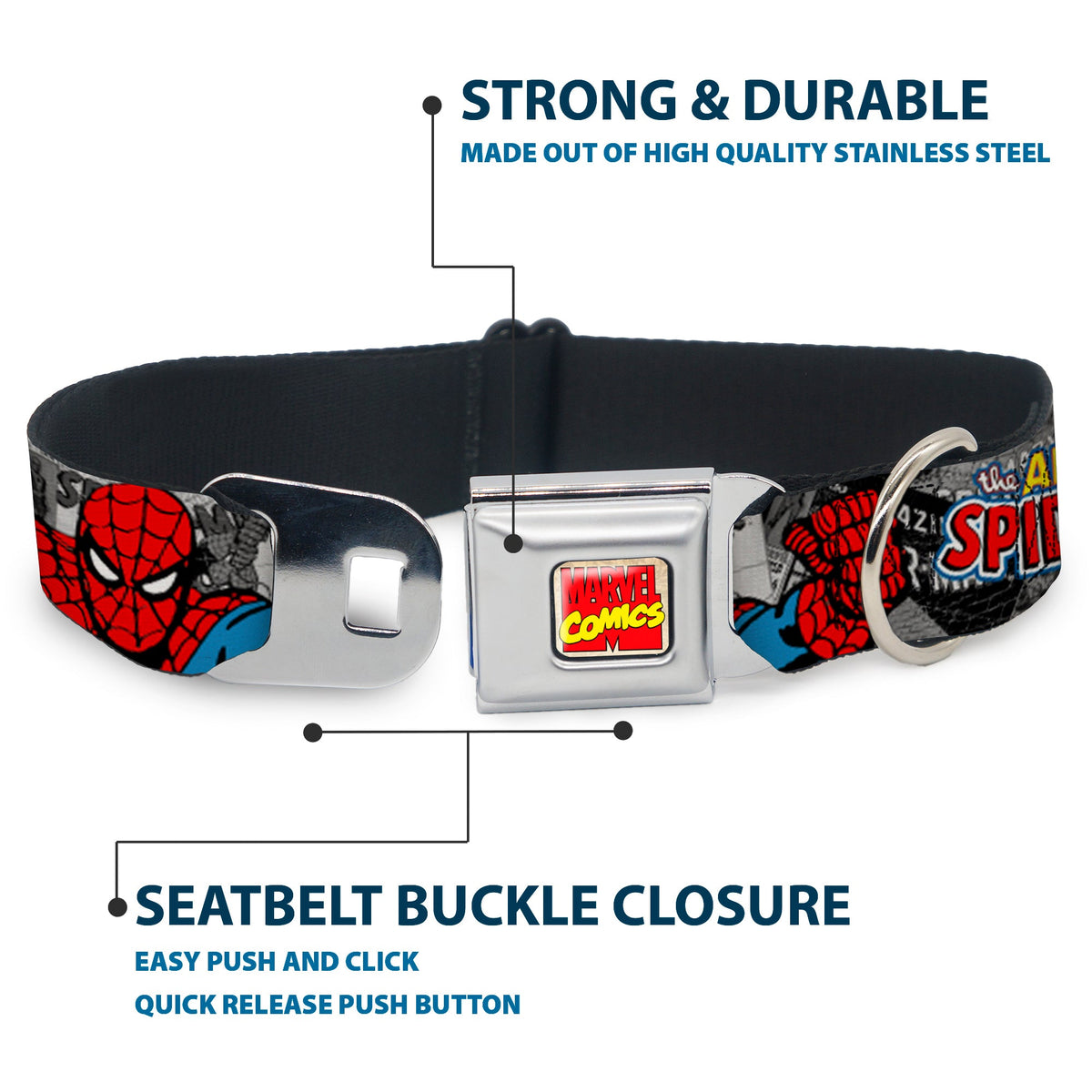MARVEL COMICS Marvel Comics Logo Full Color Seatbelt Buckle Collar - THE AMAZING SPIDER-MAN Stacked Comic Books/Action Poses