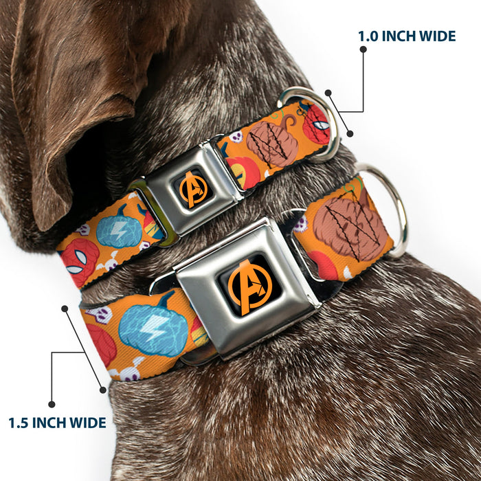 Avengers A Logo Full Color Black/Orange Seatbelt Buckle Collar - Marvel 9-Avengers Halloween Jack-O-Lantern Pumpkin Icons Scattered Orange